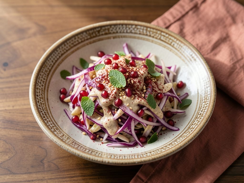 Tahini Cabbage Slaw with Sumac and Pomegranate