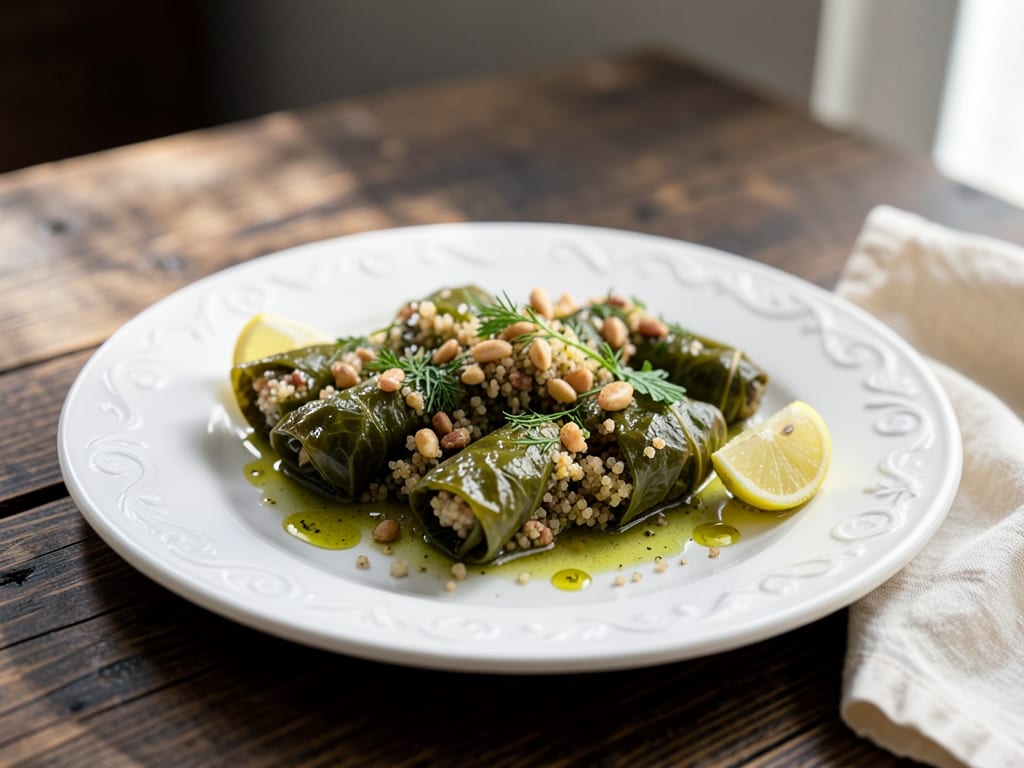 Quinoa Stuffed Grape Leaves with Dill, Lemon and Pine Nuts
