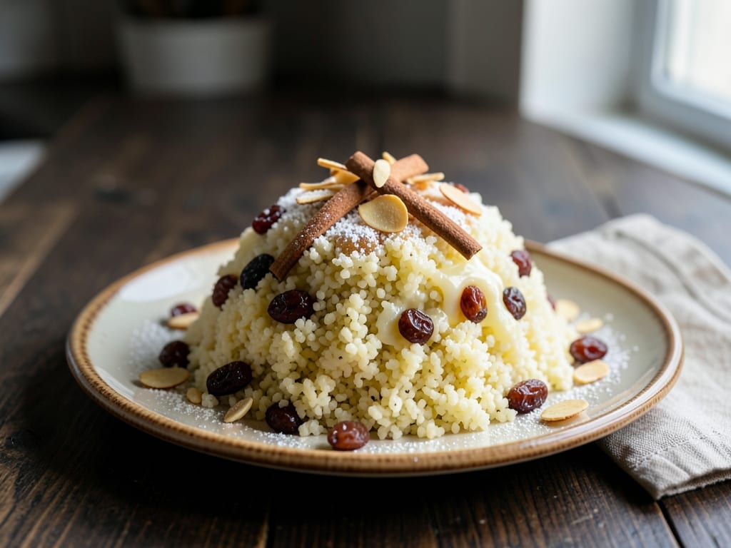 Seffa Medfouna (Moroccan Sweet Steamed Couscous with Cinnamon and Almonds)