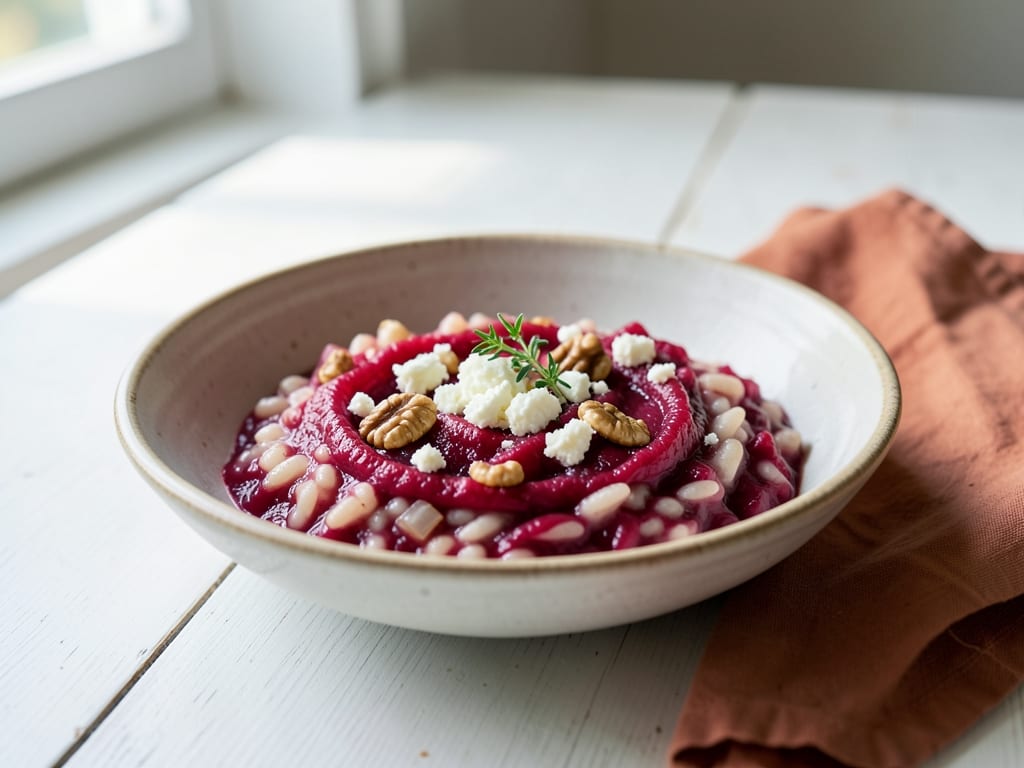 Beet Risotto with Goat Cheese and Walnuts