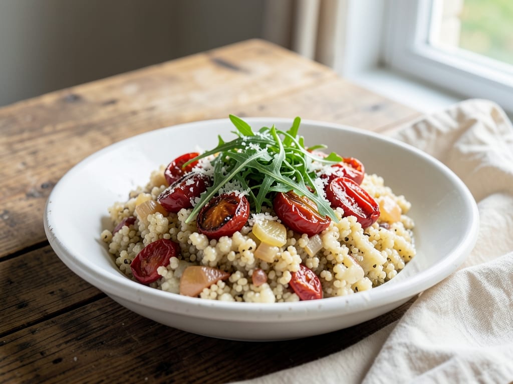 Quinoa Risotto with Roasted Tomatoes and Arugula